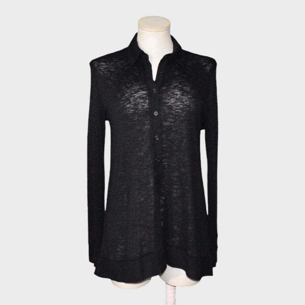 Pleione Sheer Slub Knit Chiffon Trim Button‎ Up Tunic Top